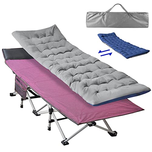 Slendor Camping Cot For Adults,Sleeping Cot With Mattress,1200D Folding Cots With Carry Bag, Portable Camp Cot Bed For Home, Tent, Office Nap, Outdoor Indoor Support 800Lbs, Red Cot W/Blue+Gray Pad #TOP6
