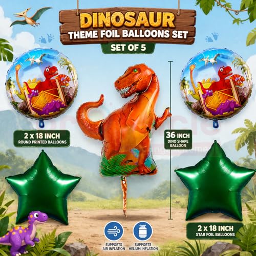 Image of Propsicle Dinosaur Theme Foil Balloons Set of 5-36 Inch Dino Shape Balloon with 2 Round Printed Balloons and 2 Star Foil Balloons - Suitable for Birthday, Jungle Theme, Safari Decoration