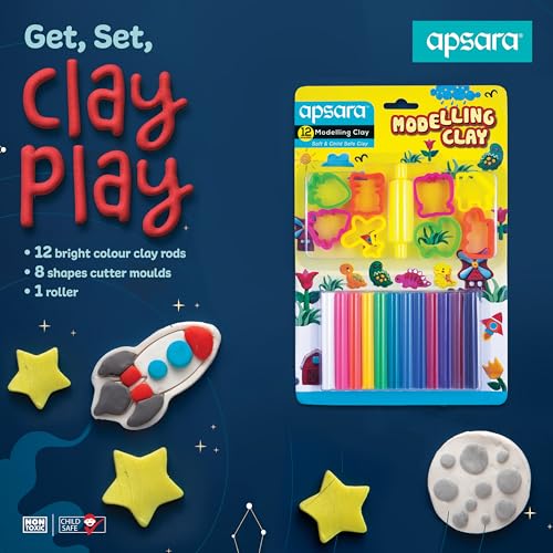 Image of Apsara Non-Toxic Super Soft 12 Shades Modelling Clay Multicolour Pack | Soft, Non-Drying, Hygienic & Non-Sticky | Includes 8 Toys & 1 Roller | Pack of 1