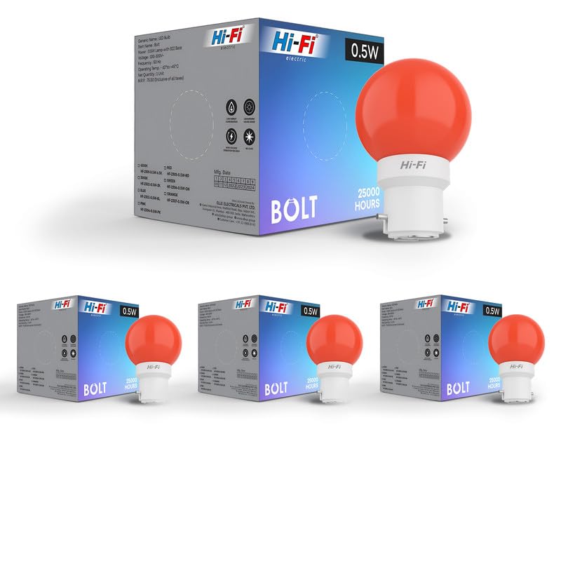 Image of Hi-Fi 0.5W LED Bulb (Red) B22 Base | Energy Efficient Zero Watt Light | Decorative Night Lamp for Home, pooja room light & Bedroom Zero Blub (Pack of 4)