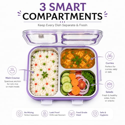 Image of 950ML Stainless Steel Bento Lunch Box |3 Compartments, Leakproof Tiffin Box with Spoon & Fork for School | Office & Travel (Lavender Purple)