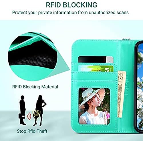 ULAK Compatible with iPhone 13 Wallet Case for Women, Premium PU Leather Flip Cover with Card Holder and Kickstand Feature Protective Phone Case Designed for iPhone 13 6.1 Inch, Mint Flower