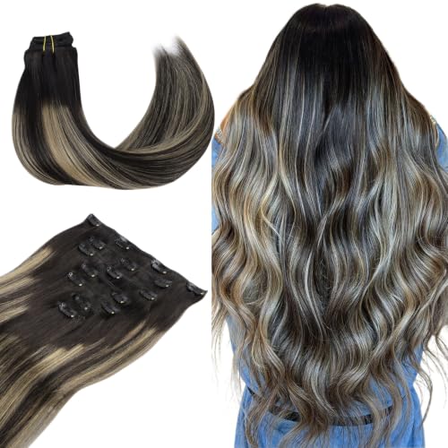 WENNALIFE Clip in Human Hair Extensions, 24 Inch 120g 7pcs Balayage Natural Black to Light Blonde Hair Extensions Real Human Hair Remy Double Weft