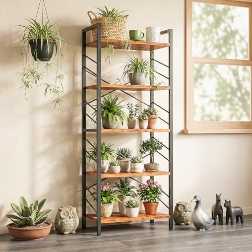 Image of DurayLoly 2 Pieces 5 Tier Bookshelf for Narrow Space, Rustic Brown | Small Space Dwellers , Sidebars and Metal Frame