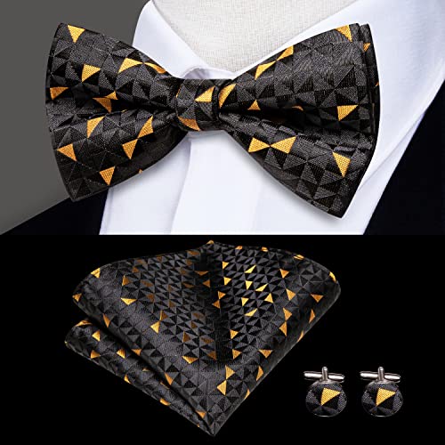 Image of Hi-Tie Mens Suspender Black Orange Geometric Bowtie Adjustable Y-Shape 6 Clips Trouser Braces Pre-Tied Bow Tie with Handkerchief Cufflinks