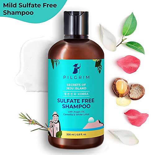 Image of Pilgrim Sulphate Free Shampoo for women & men | Mild shampoo for hair-fall control with argan oil, camellia & white lotus for dry & frizzy hair | Korean skin care products | 200 ml + 200 ml