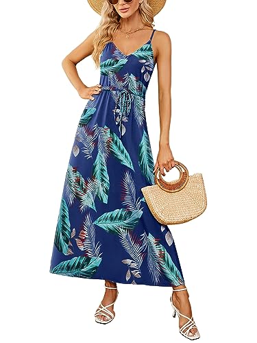 Image of HUSKARY Womens Summer Sleeveless V Neck Spaghetti Strap Pockets Beach Boho Vacation Casual Spring Maxi Dress