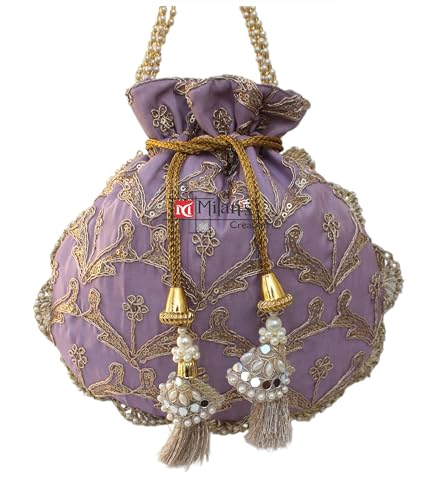 Image of MILAN'S CREATION Fancy Potli Bag Golden Embroidery Shimmer Silk Designer Purse Drawstring Purse With Pearl Handle & Tassel | Ladies Women's Handbag | Party Wedding Festival Giveaways Gift