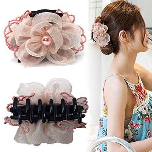 Pearl Flower Banana Clips for Women ladies Hair tie Ponytail Holder Maker Styling for Women Thin Hair French Design Nonslip (Pink)