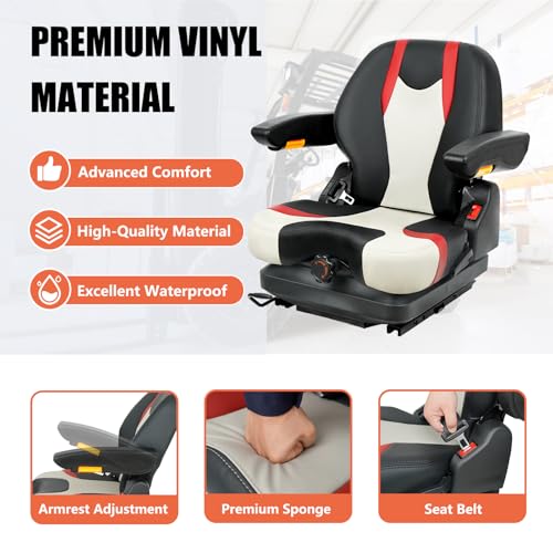 Tractor Suspension Seat, Highback Low Mower Seat, Adjustable Backrest and Slide Rails, Armrests Shock Absorber Heavy Duty Seat for Toro Forklift Mower Excavator Harvester