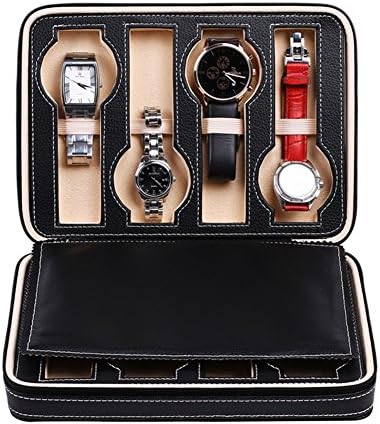 Awon WTH001 - 8 Slots Watch Display Box for Men, Zippered Black PU Leather Jewelry Case Organizer