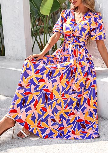 Image of PRETTYGARDEN Womes Boho Maxi Dresses 2026 Summer Spring V Neck Puff Sleeve Empire Waist A Line Flowy Long Beach Floral Dress