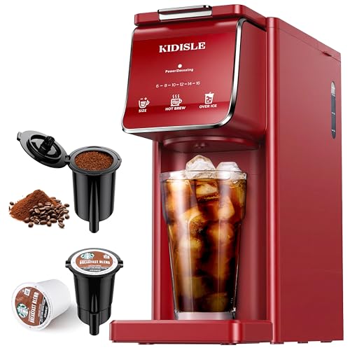 KIDISLE Single Serve Coffee Maker for K Cup & Ground Coffee Hot & Iced 6-16oz Sizes 40oz Water Tank Reusable Filter Compact for Home Office Dorm Red