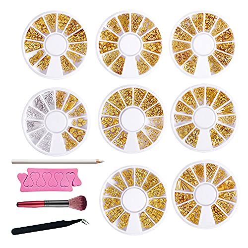 UARUOGP 8 Boxes Gold Hollow Nail Metal Studs Modern Cross Geometry Art Charm 3D Jewelry Decoration With 1Pc Tweezers And Drill Pencil,1Pc Dust Remover Brushes 2Pc Sponge Toe Separator
