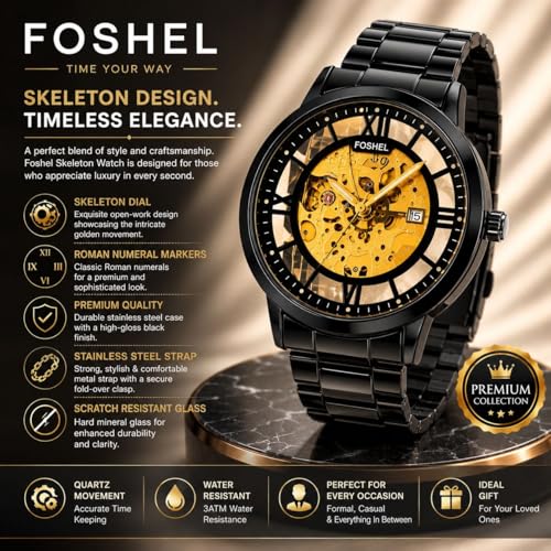 Image of Foshel Skeleton Mechanical Men's Watch, Black Stainless Steel Bracelet, 40MM Case, Analogue Display, Water Resistant