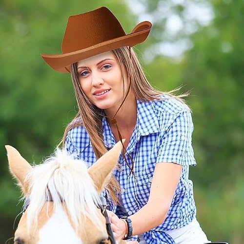 SWHCM 12 Stück Cowboyhüte Western Cowboyhut mit verstellbarem Kordelzug, Schlichter Cowgirlhut für Hochzeit Bühnenauftritt (Braun)