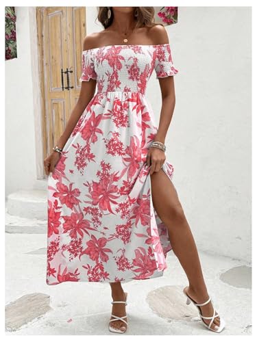 Image of Floerns Women's Boho Ditsy Floral Print Off Shoulder Short Sleeve Split Maxi A Line Dress