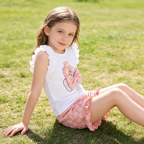 Image of Ayzozuy Kid Girl Clothes Shorts Set 2 Piece Outfits Summer Casual Short Sleeve Top and Shorts Set for Girls 4-7