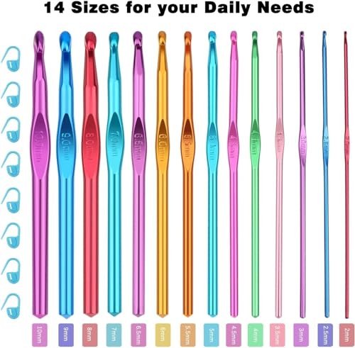 OWill 24 Stück häkelnadel set,14 Größen 2mm-10mm Häkelnadel aus bunt Aluminium mit 10 Markierungsnadel,Ergonomische häkelnadeln Crochet Set für Anfänger und arthritische, lila