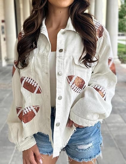 Women's Cropped Corduroy Jacket Football Sequin Patched Short Button Raw Hem Jacket Coat Rugby Vintage Shacket Coat (US, Alpha, Medium, Regular, Regular, White)4