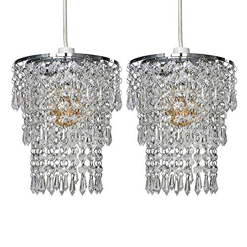 MiniSun | Modern Chrome Chandeliers with Clear Acrylic Jewel Droplets | Pendant Lights Home Décor & Improvement Essential | Set of 2 | 20cm Shade Width