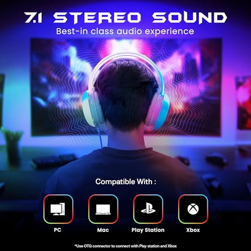 Image of HAMMER Blaze Wired Over Ear Gaming Headphones with Mic, 50mm Drivers, Full RGB Lights, Gaming Headset with Adjustable Bands, Breathable earcushion, 1.5Mtr Wire with USB (Cyan)