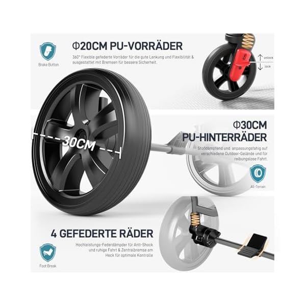 EVER ADVANCED Bollerwagen für 2 Kinder Faltbar mit Dach, Kinderwagen 2x5 Punkt Sicherheitsgurt mit Wickelrucksack, Bollerwagen mit Sitz, Handwagen Transportwagen, Ziehen & Schieben, Fußbremse