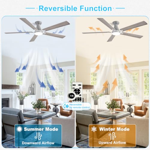 Image of Depuley Modern Ceiling Fan with Light: 60-Inch Nickel Flush Mount Fandelier | Bedroom Indoor Outdoor Use, 5 Reversible Wood Blades, 6 Fan Speeds, Timing Function, Dimmable 3CCT, Remote Control Included