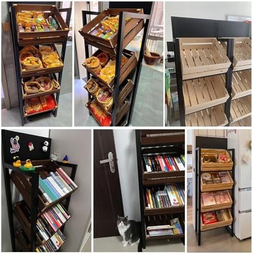 Large Capacity Supermarket Fruit Vegetable Shelf, Retail Snack Rack Display with Wooden Baskets for Kitchen Storage, Commercial Grade Organizer for Groceries and Produce