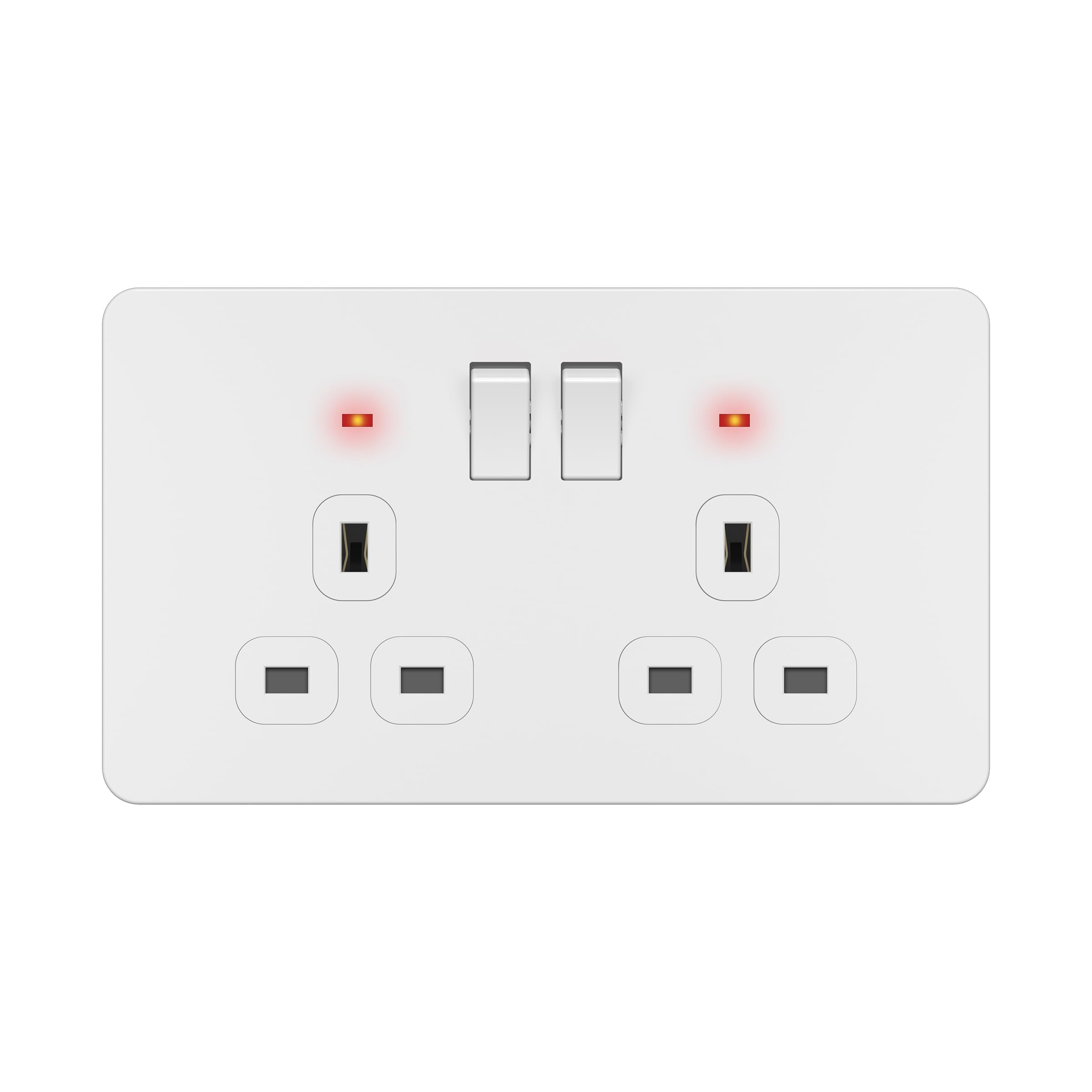 LIDER 2-Gang Switched 13A Socket with LED Power Indicators, Double-Pole Plug Socket with Child-Proof Shutters, Screwless Plastic Plate Cover, UKCA Certified, Thermoplastic, White