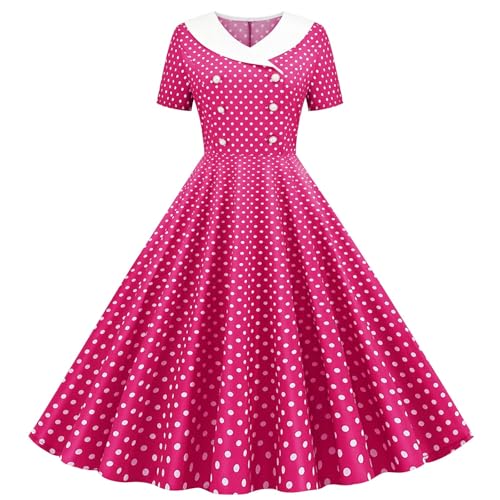 1950er Jahre Kleider für Damen UK – Vintage, gepunktet, A-Linie, Swing, kurzärmelig, V-Ausschnitt, zweireihig, Midi, lang, plissiert, Rockabilly,...