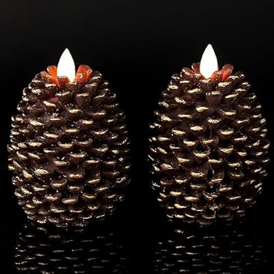 Wondise Flameless Candles with Timer, Battery Operated Flickering Wick Real Wax Pine Cone Candles for Holiday Indoor Decoration, Set of 2, Brown(D3.5 x H4.7 Inch)