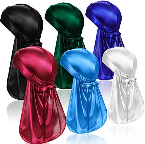 6 Pcs Silky Men Durag, Pack Durags Do Rags with Long Tail and Wide Straps for Men Women, 6 Colors
