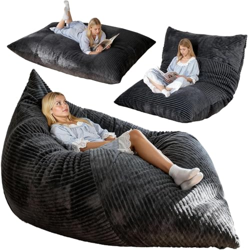 NALONE Bean Bag 4-in-1 Giant Bean Bag Chair for Adults 6.4 FT Memory Foam Filled Beanbag Chair Floor Sofa Bed with Fluffy Washable Flannel Cover Lounge Couch for Bedroom Living Room (Grey)