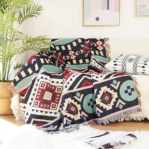 Vortexline Boho Decke Sofadecke ，tagesdecke Boho，Sofaüberwürfe Strick Kuscheldecke Bettwurf，patchworkdecke ，Decke mit Muster Für Sofa/Bett/Outdoor (F,90 * 180cm)