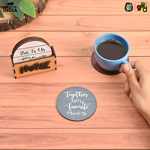 Image of GKD Coaster Set of 6 Home Quotes Design Wooden Coasters with Proper Coaster Stand Designer Coaster Set fit for Tea Cups, Coffee Mugs and Glasses (Round 3.5 x 3.5 inch)