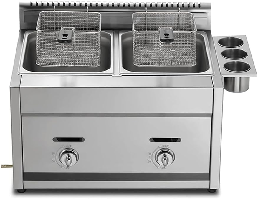 Deep Fryer with 2 Frying Baskets, Commercial Dual Deep Fryer Tank,Double Oil Cylinder Gas Deep Fryer, Stainless Steel Commercial Deep Fryer Pot, for Fried Chicken, F,Lpg