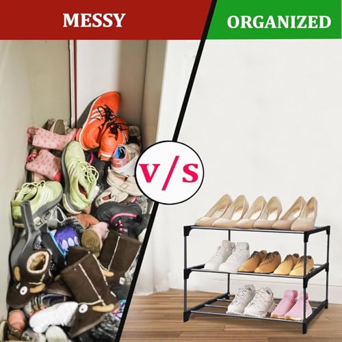 Image of Metal Shoe Rack Organizer Adjustable Storage Shelf for Entryway, Closet, Bedroom Space Saving Design, Durable Metal Frame, Black (3 Tier)
