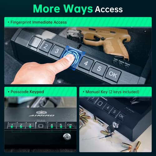 Ainiro Gun Safe For Pistols - Biometric Gun Safe For Handgun With Fireproof Document Bag, Quick-Access Gun Lock With Fingerprint Identification Or Key Pad, Firearm Storage Home Bedside Nightstand Car #TOP4