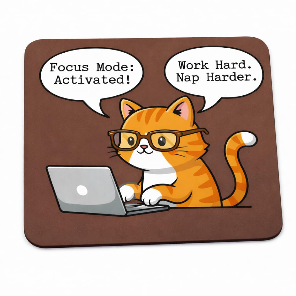 Funny Cat Mouse Pad with Focus Mode Activated Quote, Brown, Non-Slip Rubber Base, 3mm Cushioned Support, Office and Home Desk Accessory