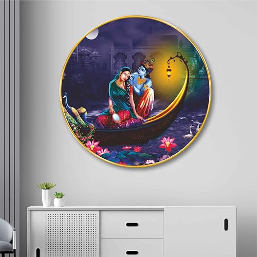 Image of Livin'luxe Radha Krishna Boat Art Print - Golden Frame Round Artwork | Divine Romantic Scene with Peacock and Lotus | Traditional Hindu Art Print for Home Temple Living Room (16 x 16 Inch) Art-GRM-267