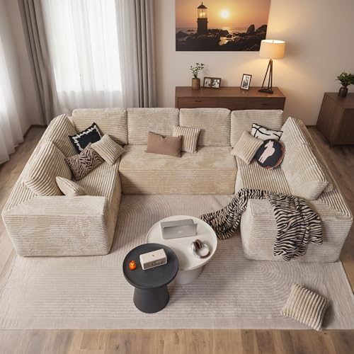 Image of HOOOWOOO Cloud Sectional Couches for Living Room,Modular Sectional Sofa No Assembly,136X70 Inch Plush Corduroy Large U Shaped Floor Couch Set with Deep Seat(Beige)