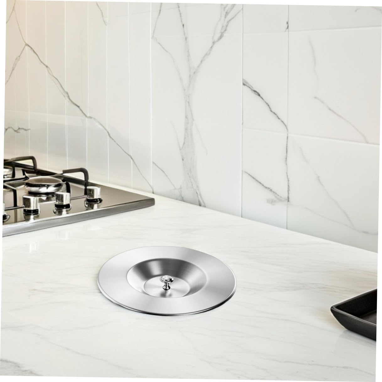 Stainless Steel Trash Can Lid Replacement 304 under Sink Bin Dome Cover with Grommet Flap for Kitchen Cabinet Countertop Waste Container