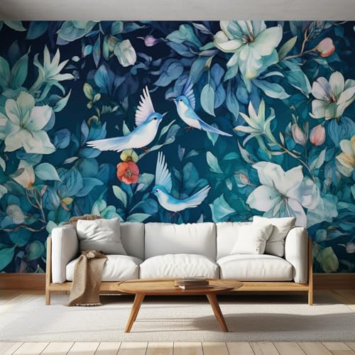 Papier peint bleu blanc fleurs oiseaux intissé mural chambre