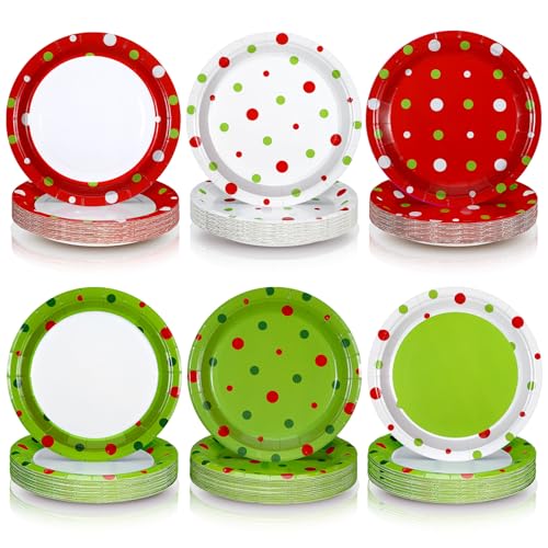 Image of Fourluoo 96 Pcs Christmas Paper Plates Lime Green and Red Disposable Dinner Plates for Xmas Party Table Supplies