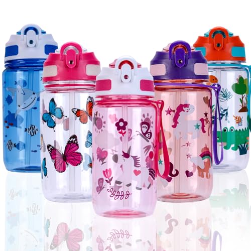 SUPPRUI Trinkflasche Kinder, 600ml Kindertrinkflasche mit Strohhalm, BPA-freie Kinder-Wasserflaschen, Sportwasserflasche mit Auslaufsicherem Flip-Top-Deckel für Mädchen und Jungen (Rosa-Unicorn)
