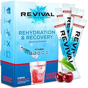 Revival Rapid Rehydration Sachets Electrolytes Powder High Strength Vitamin C, B1, B3, B5, B12 Supplement Sachet Energy Drink, Effervescent Electrolyte Hydration Tablets 6 Pack Cherry Flavours