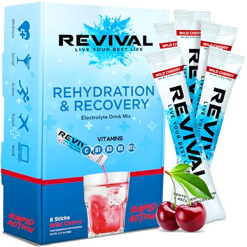 Revival Rapid Rehydration Sachets Electrolytes Powder High Strength Vitamin C, B1, B3, B5, B12 Supplement Sachet Energy Drink, Effervescent Electrolyte Hydration Tablets 6 Pack Cherry Flavours