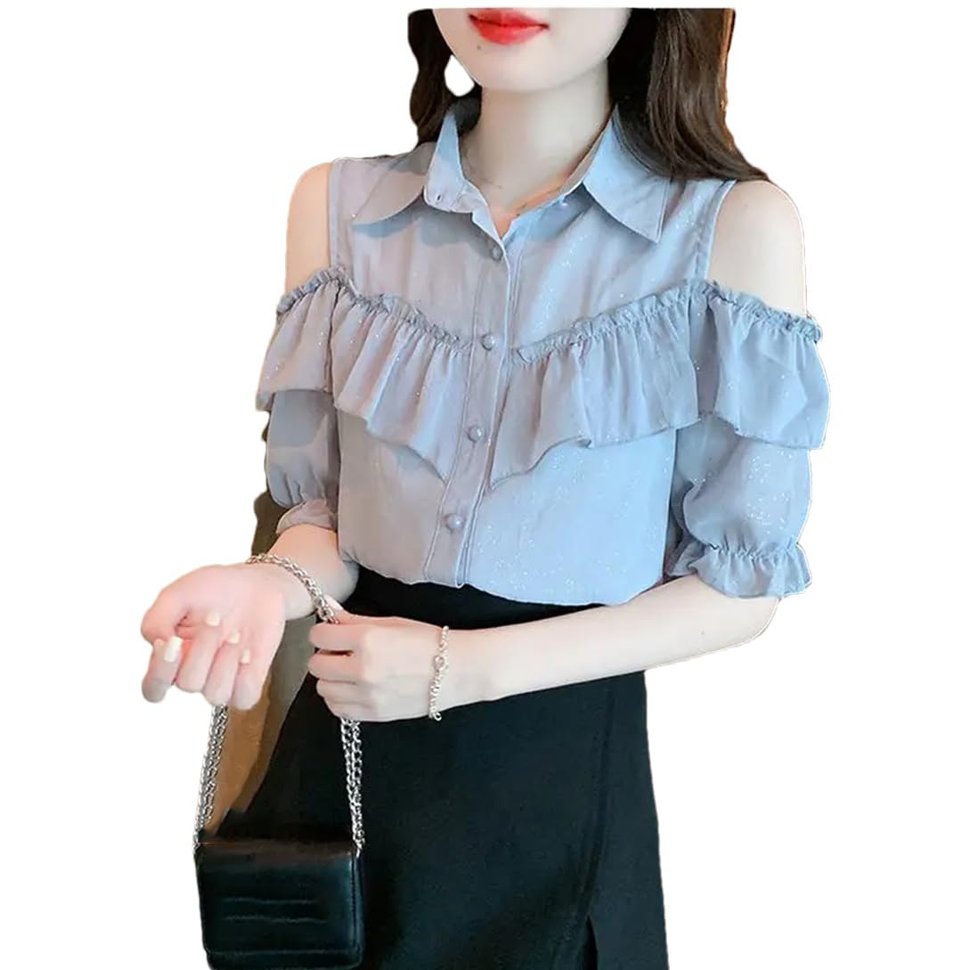 Elegante risvolto volant oversize manica a sbuffo camicia in chiffon top estivi camicetta donna allentata
