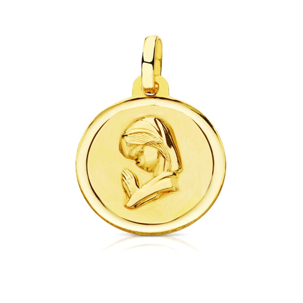 Medalla oro 18k Virgen Niña 16mm. perfil rezando bisel lisa